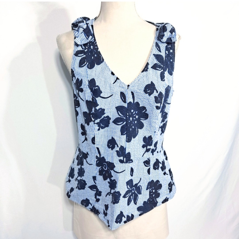 Draper James Blue Pinstripe Seersucker Floral Peplum Sleeveless Top